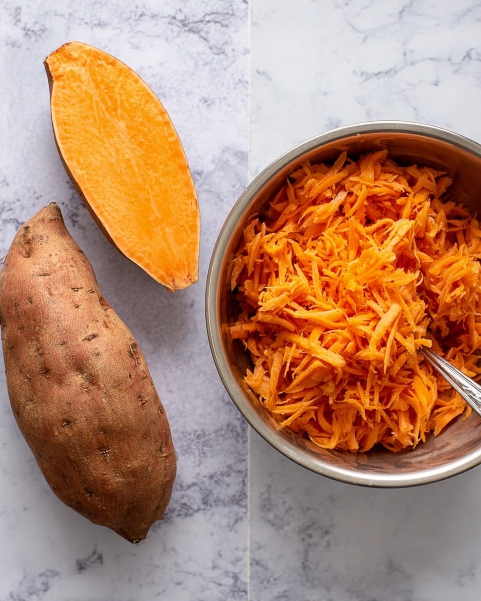 Baked Vegan Sweet Potato Hash Browns Recipe 5 The image shows two parts: on the left side, there is a whole sweet potato with rough brown-orange skin and next to it is the same sweet potato sliced in half, showing bright orange flesh with a smooth texture. On the right side, there is a metal bowl filled with shredded bright orange sweet potato pieces, with a metal spoon resting inside. The background is a white marbled texture. photo taken with an iphone --ar 4:5 --v 7
