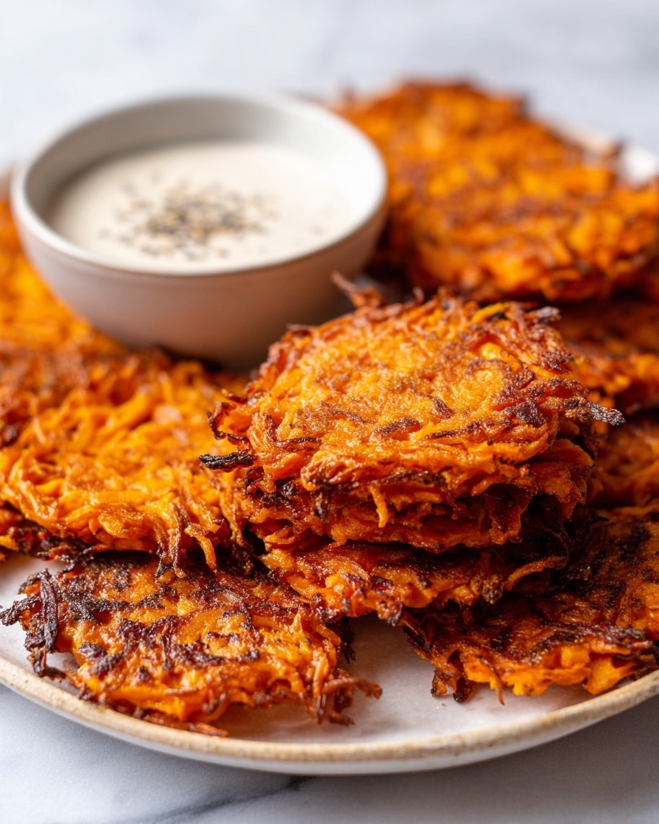 Baked Vegan Sweet Potato Hash Browns Recipe 6 The image shows a white plate on a white marbled surface, filled with several round, crispy orange sweet potato fritters stacked loosely on top of each other. Each fritter has a rough texture with visible shredded sweet potato strands and browned, slightly charred edges. In the back left corner of the plate, there is a small white bowl filled with creamy dipping sauce, topped with some seasoning like black pepper. The colors contrast well between the bright orange fritters and the light neutral tones of the plate and sauce. Photo taken with an iphone --ar 4:5 --v 7