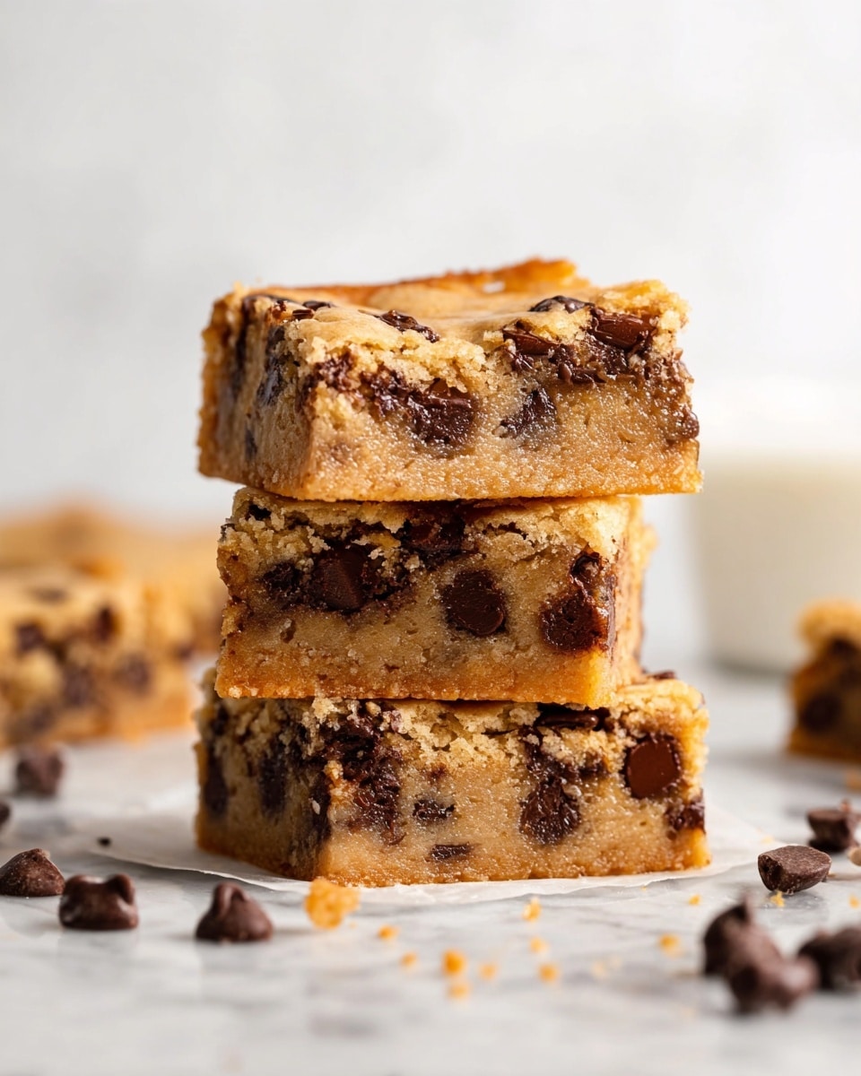 A stack of three square chocolate chip blondies is placed on a white marbled surface, each blondie showing a thick, dense texture with a creamy golden color base. The blondies are filled with many dark brown chocolate chips that are melted and spread throughout each layer, creating a contrast with the light dough. The edges of the blondies are slightly crisp and golden, while the inside looks moist and soft. Scattered chocolate chips and crumbs lay loosely around the base of the stack, adding a casual and inviting feeling to the scene. Photo taken with an iphone --ar 4:5 --v 7