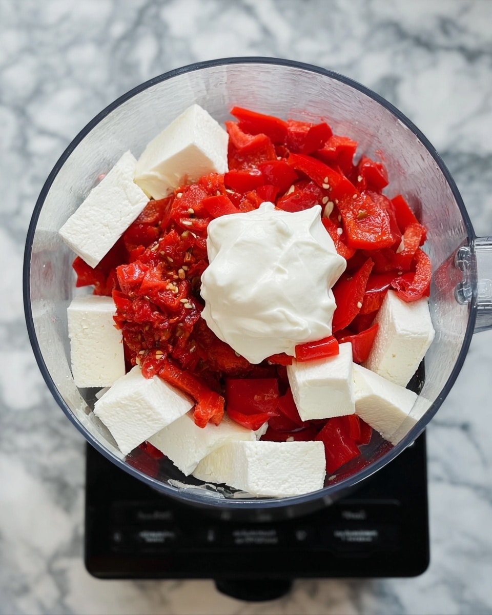 The image shows a clear food processor bowl filled with three main layers. The bottom layer has large white blocks of soft cheese arranged around the edges. The middle layer consists of chopped bright red roasted peppers with some seeds visible, spread over the cheese. On top, there is a dollop of smooth, white creamy yogurt placed slightly off-center on the peppers. The food processor sits on a black base, and the background is a white marbled surface. photo taken with an iphone --ar 4:5 --v 7