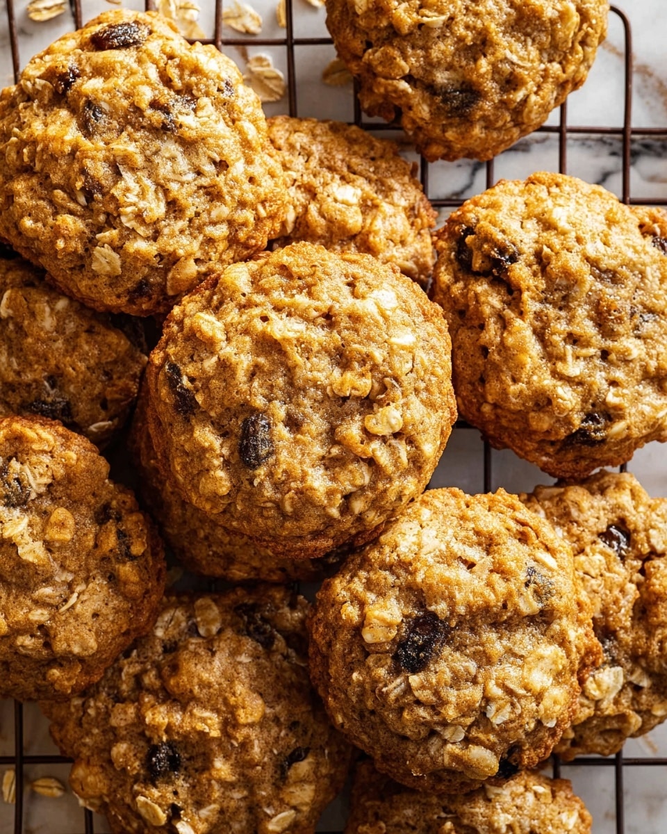 The image shows a close-up of round oatmeal raisin cookies arranged in a loose pile on a dark metal cooling rack. Each cookie is golden brown with visible oatmeal flakes and dark raisins embedded throughout, giving a rough, textured surface. The cookies have a slightly cracked top, showing a soft and chewy consistency. The white marbled surface beneath the cooling rack adds contrast, while the popcorn of oats and raisins gives depth to the cookies' look. photo taken with an iphone --ar 4:5 --v 7