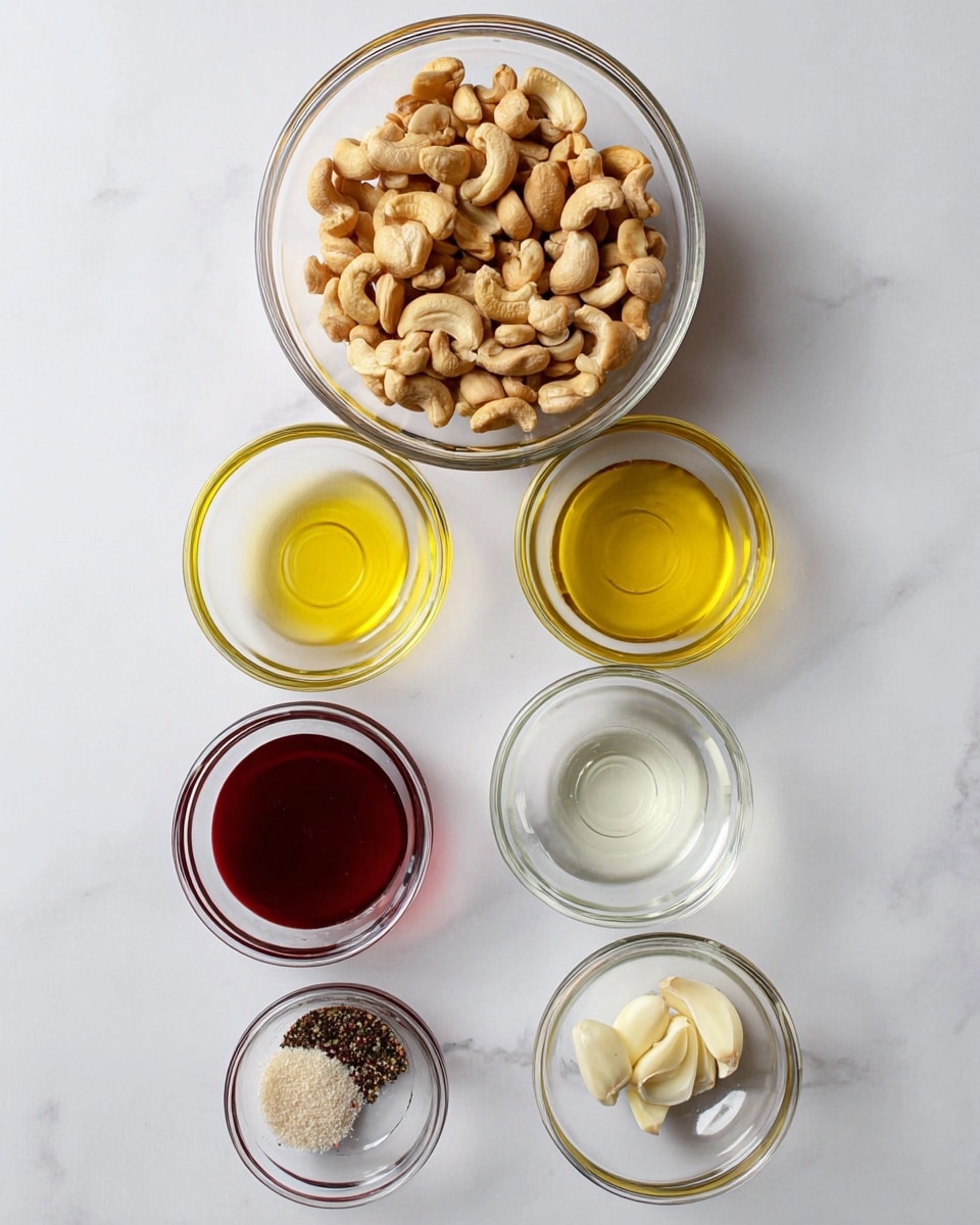 The image shows seven clear glass bowls arranged vertically on a white marbled surface. At the top is a large bowl filled with light brown and beige cashew nuts. Below it, there are three pairs of smaller bowls: the left bowls contain a pale yellow liquid, a golden-yellow oil, and a thick dark red sauce from top to bottom. The right bowls hold clear liquid, two small white garlic cloves, and a mix of salt and black pepper, also from top to bottom. The setup is neat and clean, with the bowls casting soft shadows. photo taken with an iphone --ar 4:5 --v 7