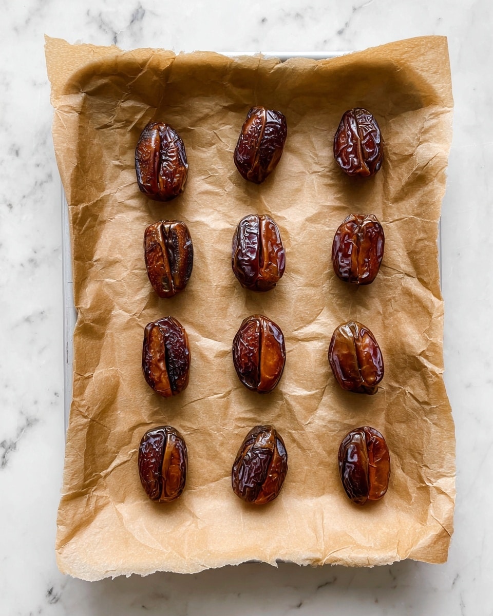 Twelve brown dates are neatly arranged in four rows and three columns on a crinkled sheet of light brown parchment paper that lines a shallow white tray. Each date is split open, showing a slightly glossy interior with varying shades of dark brown and caramel. The parchment paper has rough, uneven edges and soft folds around the dates. The tray rests on a white marbled surface that has faint grey veins. The overall look is simple, clean, and natural. photo taken with an iphone --ar 4:5 --v 7
