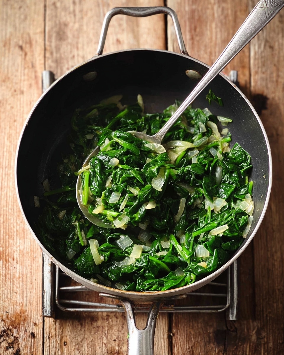 A metal pan with a black inner surface sits on a metal rack over a wooden surface. Inside the pan, there is cooked spinach mixed with small pieces of translucent white onion, giving a mix of deep green and light yellowish colors. A spoon with a silver handle rests inside the pan, partially lifting some spinach and onions. The spinach looks soft and slightly shiny from cooking. The photo has a simple, natural feel. photo taken with an iphone --ar 4:5 --v 7