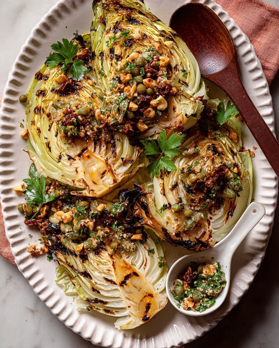 The image shows a white scalloped plate filled with four large pieces of grilled cabbage, each with dark char marks on the edges and light green to pale yellow layers inside. The cabbage pieces have a slightly curled texture with some crispy, darkened outer leaves. On top of the cabbage are sprinkled chopped nuts, green capers, small pieces of golden raisins, and fresh parsley leaves, adding color contrasts of green, yellow, and brown. To the right side of the plate, there is a small white spoon filled with a mixture of chopped herbs, nuts, capers, and raisins. The plate sits on a white marbled surface, and a brown wooden-handled spoon rests next to the small spoon for serving. photo taken with an iphone --ar 4:5 --v 7