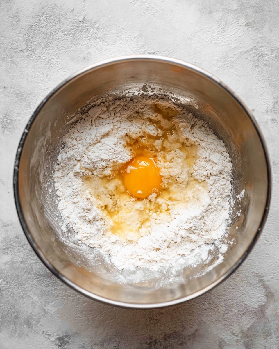 A metal bowl with visible reflections holds a mixture of ingredients before blending. The base layer inside the bowl is white flour, scattered unevenly around. On top, there is a single cracked egg with a bright orange yolk surrounded by translucent egg white. There are also patches of a light beige, wet-looking ingredient mixed lightly with the flour. The bowl is placed on a white marbled surface with subtle grey veins and texture. photo taken with an iphone --ar 4:5 --v 7