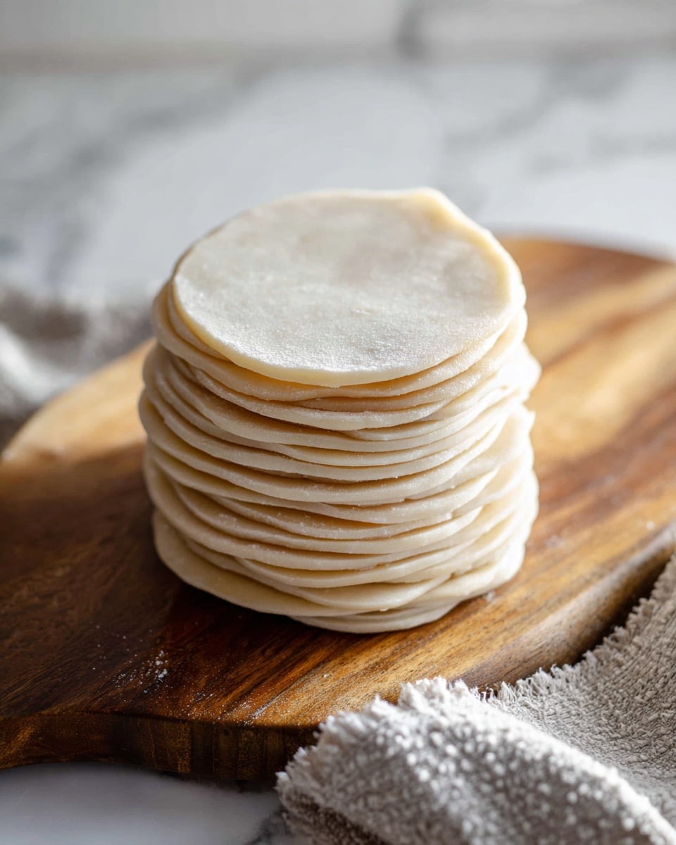 A stack of about fifteen round, pale beige dough circles with a smooth, slightly floured surface is placed in the center of a wooden board. Each dough circle is thin and evenly shaped, forming a neat, uniform tall pile. The dough edges are soft and slightly rounded, and the stack casts a subtle shadow on the board. The background shows a white marbled surface and a textured light gray cloth around the board’s edges. Photo taken with an iphone --ar 4:5 --v 7