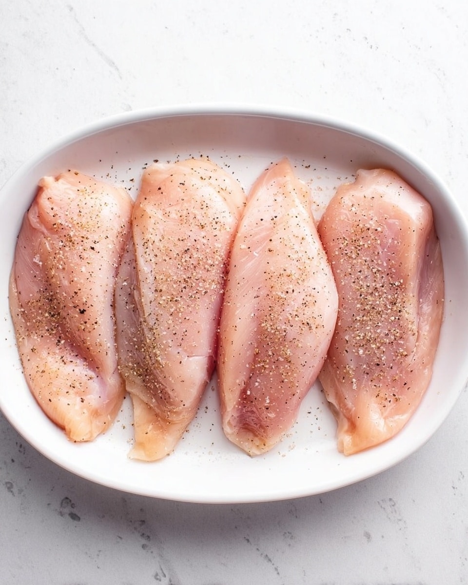The image shows four raw chicken fillets placed side by side in a white oval dish. Each fillet is light pink with a slightly shiny texture and sprinkled evenly with coarse salt and black pepper. The dish rests on a white marbled surface, giving a clean and simple look. photo taken with an iphone --ar 4:5 --v 7