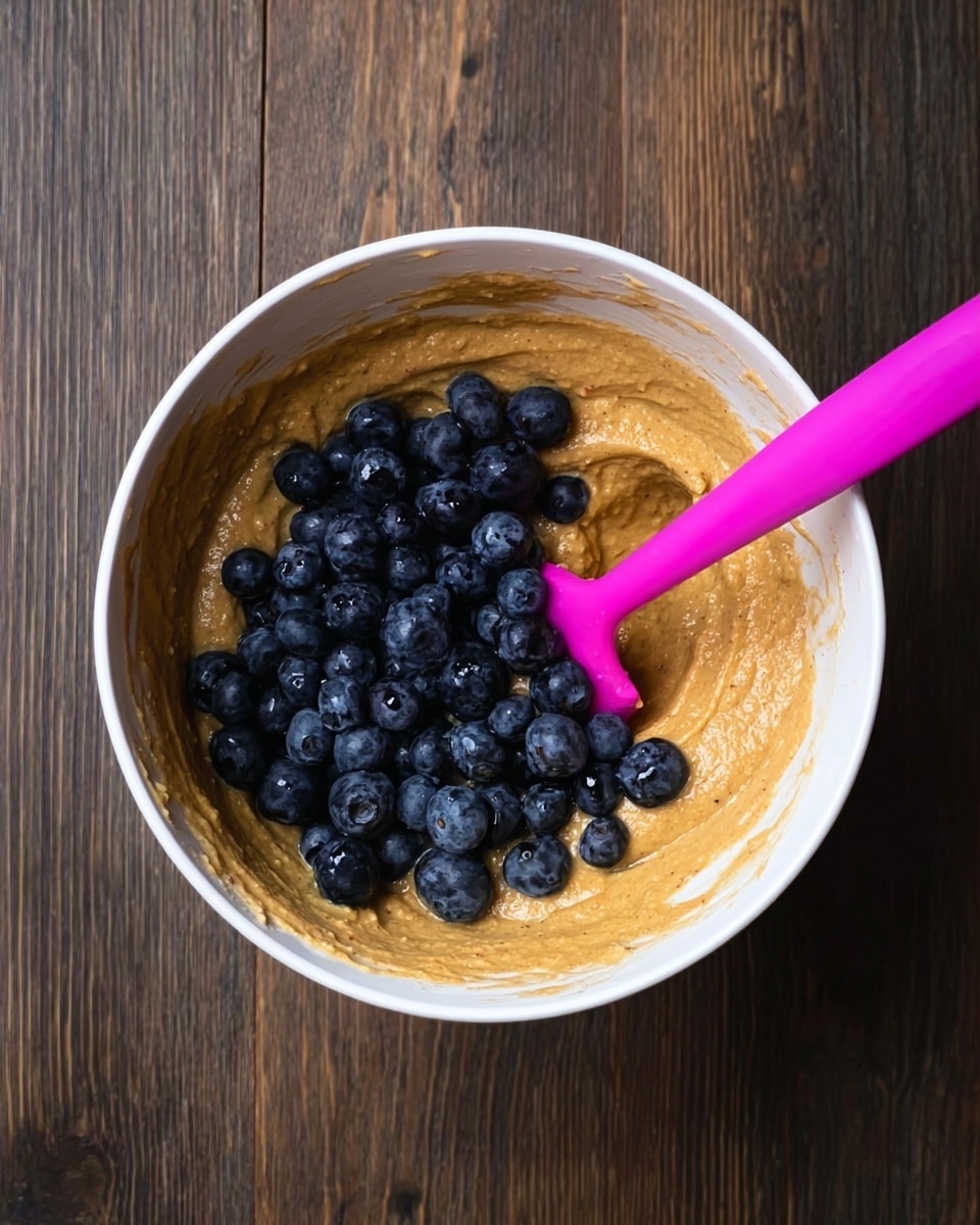A white bowl filled with a thick, light brown batter that takes up most of the space, with a large cluster of dark blue blueberries piled on one side. A bright pink spatula is partially submerged in the batter, resting on the side of the bowl. The bowl sits on a dark wooden surface. Photo taken with an iphone --ar 4:5 --v 7