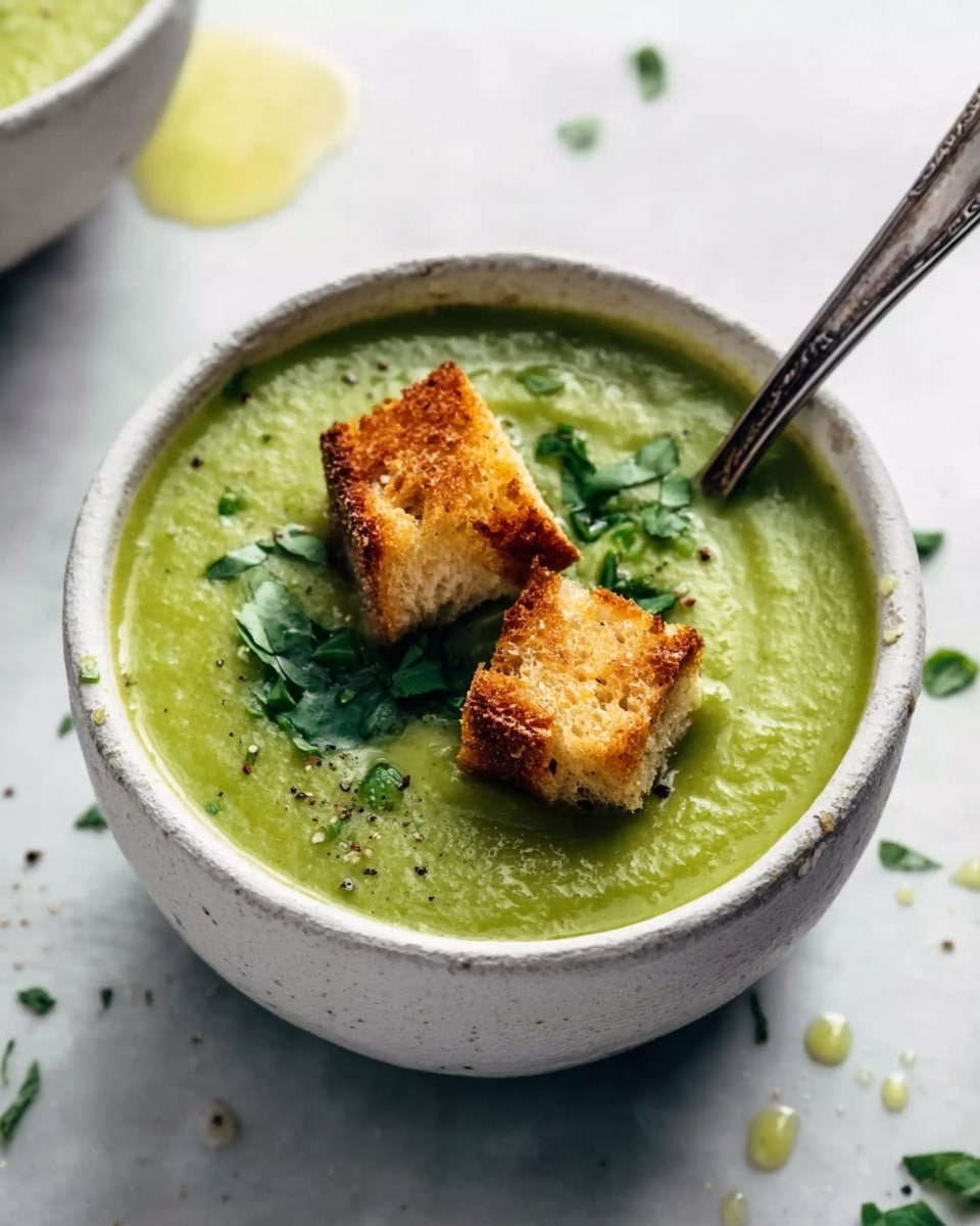 The image shows a small white bowl filled with thick green soup that looks smooth and creamy. On top of the soup, there are two toasted brown croutons with a crunchy texture, and some bright green herbs are sprinkled around them. A silver spoon is placed inside the bowl, resting on the side. The bowl sits on a white marbled surface with a few drops of soup and small herbs scattered nearby. Photo taken with an iphone --ar 4:5 --v 7