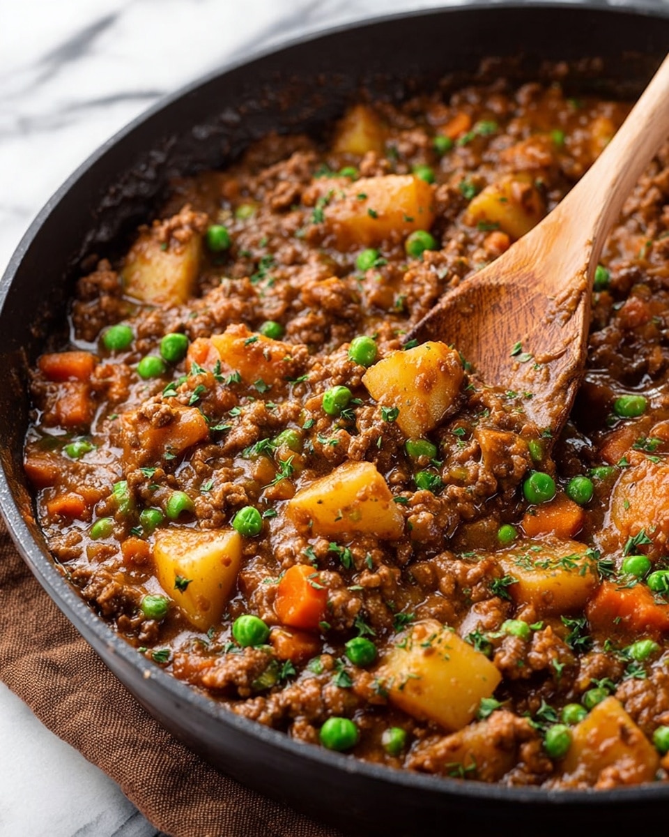 A close-up view of a thick stew in a black skillet, showing layers of soft brown ground meat mixed with small orange carrot pieces and bright green peas, all coated in a rich brown gravy. There are chunks of light yellow potatoes spread throughout the dish, adding texture alongside the meat and vegetables. Fresh green herbs sprinkle the top, giving a touch of freshness. A wooden spoon scoops into the stew from the right side, stirring the mixture. The skillet sits on a white marbled surface with a folded brown cloth underneath. Photo taken with an iphone --ar 4:5 --v 7