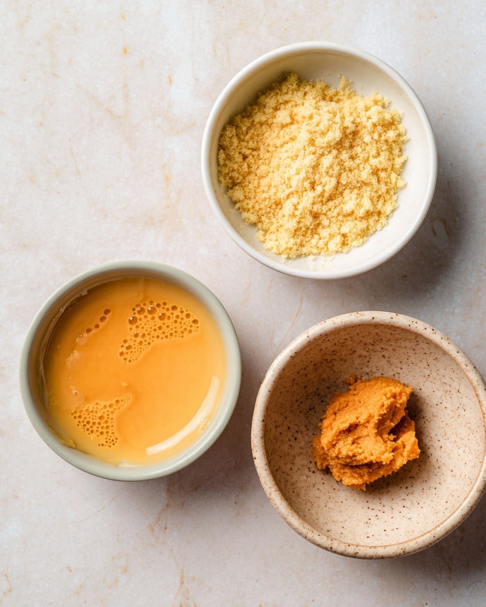 The image shows three small bowls placed on a white marbled surface. The top right bowl is white and filled with light yellow powder that looks crumbly. The bowl at the bottom right is speckled beige, holding a small mound of soft, orange paste with a slightly rough texture and some moisture reflecting light. The bowl on the left is white and contains a smooth, shiny orange sauce with small bubbles on the surface, giving it a creamy appearance. Photo taken with an iphone --ar 4:5 --v 7