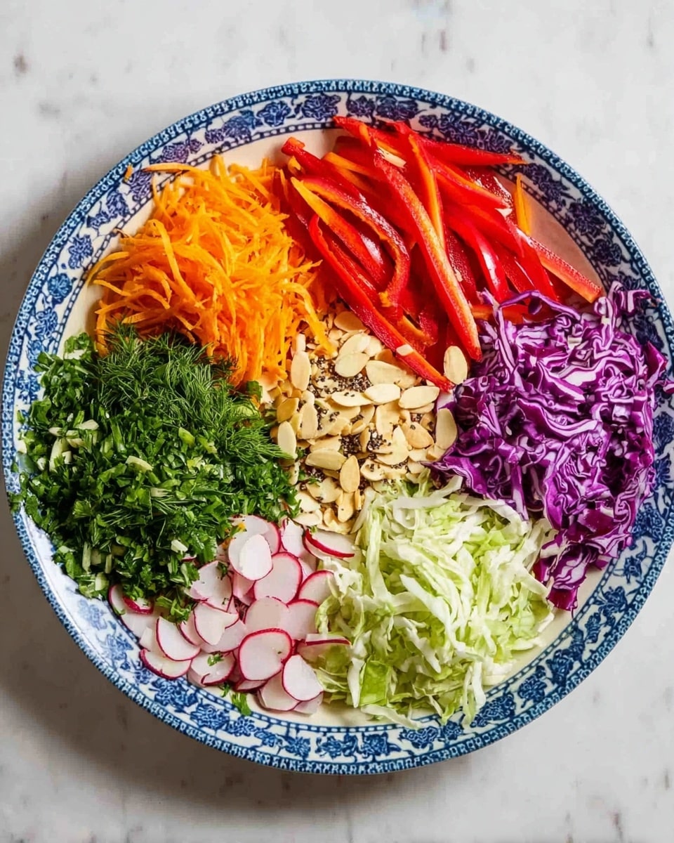 A round white plate with blue petal-like patterns around the edge holds a colorful salad arranged in neat sections. Starting from the top and going clockwise, there is a bright orange shredded carrot layer, next to it long thin red bell pepper strips sprinkled with black pepper, followed by a pile of thinly sliced beige almond slivers. Below that is a fresh green mix of chopped leafy herbs, next to a big mound of finely chopped dill with feathery texture. Above the dill is a small pile of shredded pale green cabbage, then several thinly sliced white radishes with red edges, some black pepper on top. In the middle, there is finely chopped purple cabbage mixed with green onion slices. The plate is set on a white marbled surface. Photo taken with an iphone --ar 4:5 --v 7