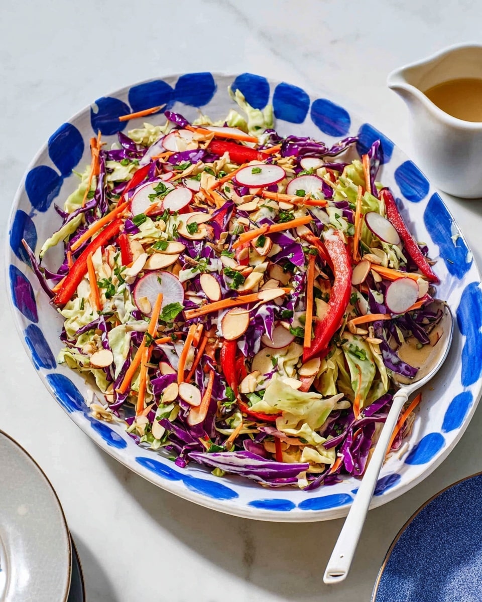 A large white bowl with blue oval patterns around the edge holds a colorful salad made of thinly sliced green and purple cabbage as two main layers. Among the cabbage are scattered bright red bell pepper strips and thin orange carrot sticks, adding vibrant color. Thinly sliced radishes and pale almond slices are spread evenly on top, with small green herbs sprinkled for a fresh look. A white serving spoon rests on the side of the bowl on a white marbled surface, and a small white jug with light-colored dressing is placed nearby. photo taken with an iphone --ar 4:5 --v 7