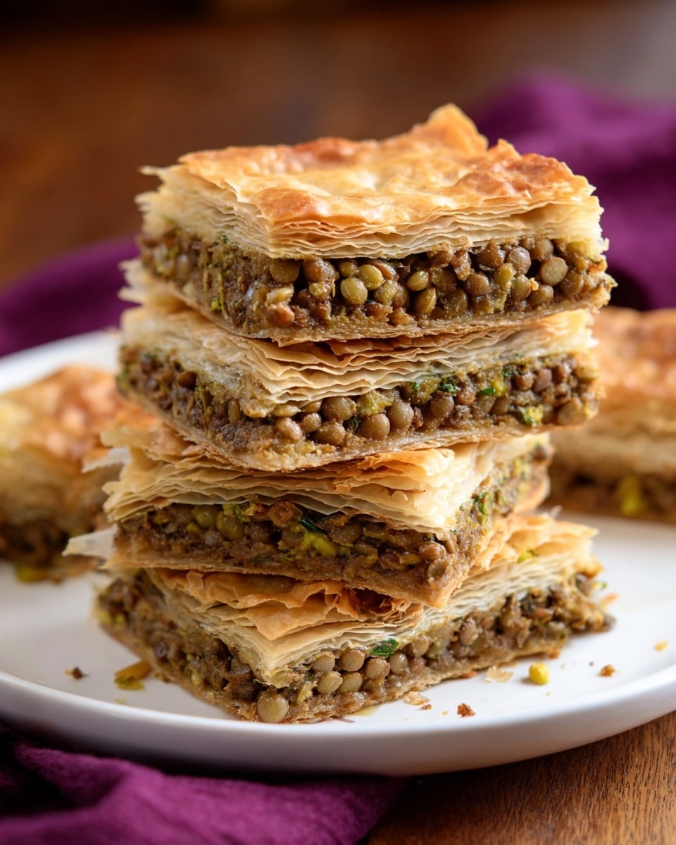 The image shows a stack of four square pastry slices on a white plate, each slice made of two layers of golden, flaky crust with a thick, chunky filling in between. The filling is made up of small brown lentils and chopped green herbs, giving a textured, earthy look with green and brown tones. The flaky crust looks crisp and slightly browned, with visible layers that create a light, airy texture. The plate is placed on a wooden table with a blurred purple cloth in the background. Photo taken with an iphone --ar 4:5 --v 7