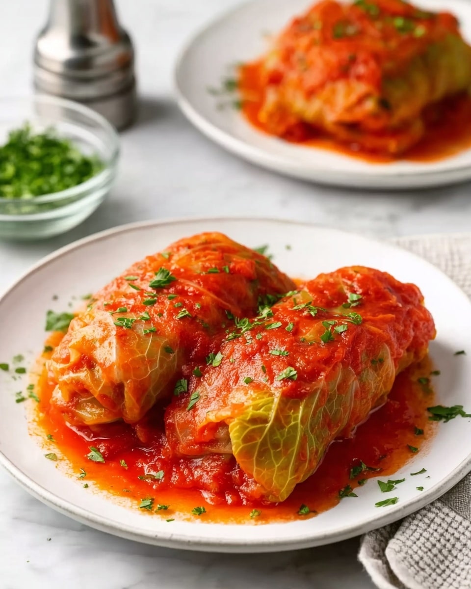 Two rolled cabbage leaves filled and covered with a thick bright red tomato sauce sit on a white round plate. The cabbage rolls have a slightly wrinkled texture and are sprinkled lightly with chopped green herbs. The plate rests on a white marbled surface with a small glass bowl of chopped herbs and a shiny silver pepper grinder in the background. A second white plate with an extra cabbage roll is partially visible behind. The scene is softly lit, highlighting the glossy sauce and fresh herbs. Photo taken with an iphone --ar 4:5 --v 7