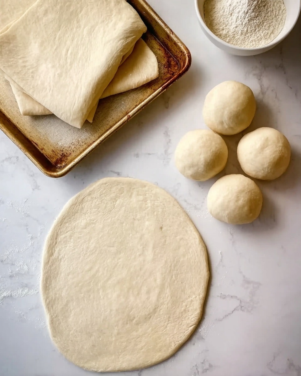 A large, thin round dough piece is spread out near the bottom center on a white marbled surface. Above this, five smooth, round dough balls are placed together in a small cluster. To the left, a baking tray with three folded layers of flat dough rests, two stacked on each other and one spread out. At the top right, a small white bowl with flour is partially visible. The overall scene shows a preparation of dough before baking, with soft light enhancing the pale, creamy color of the dough. Photo taken with an iphone --ar 4:5 --v 7