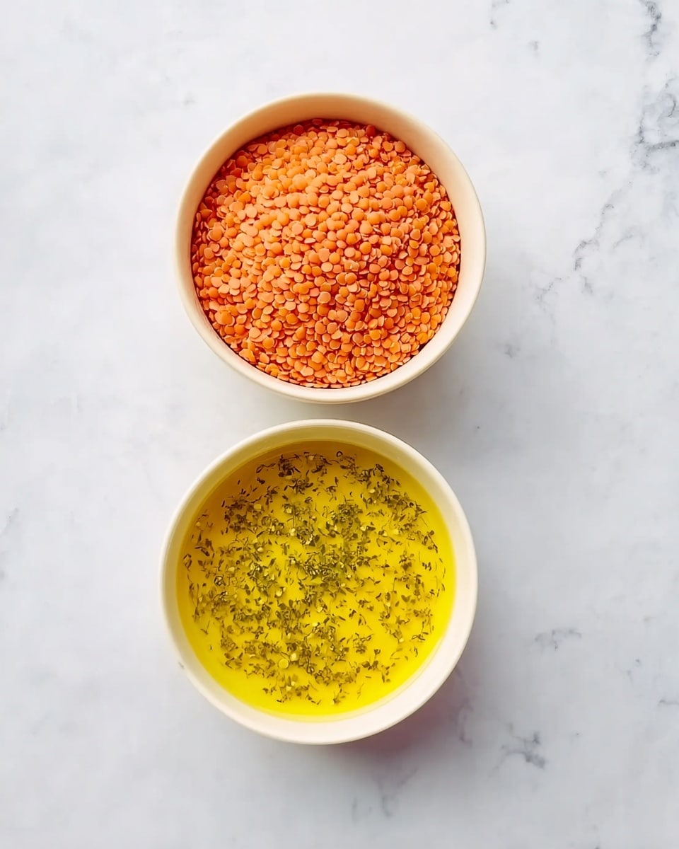 Red Lentil Wraps Recipe 5 The image shows two white bowls on a white marbled surface, one above the other. The top bowl is filled with small, round, orange-red lentils with a dry, matte texture. Below it, the second bowl contains a smooth, bright yellow liquid with specks of green herbs floating on top, giving it a slightly oily and glossy appearance. photo taken with an iphone --ar 4:5 --v 7