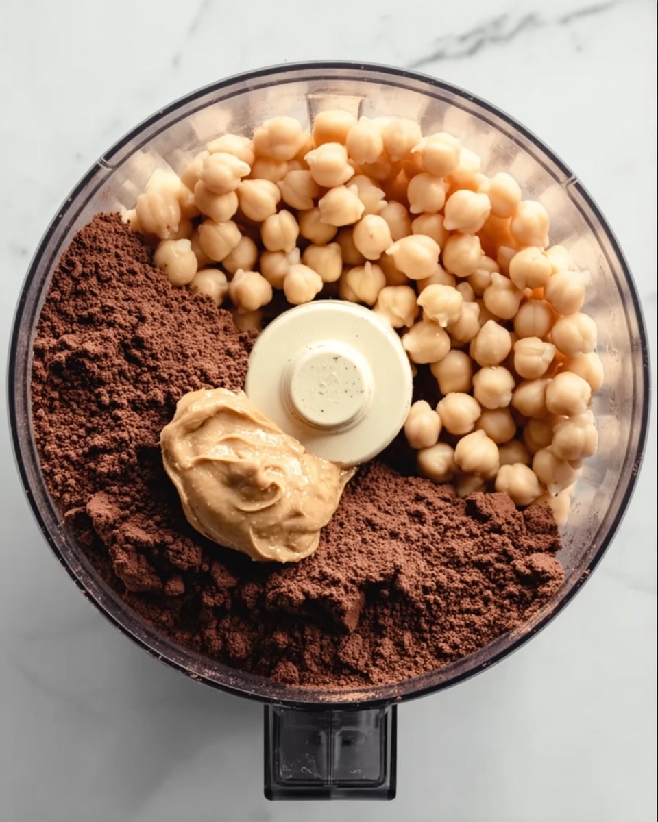 Healthy Chocolate Hummus Recipe 5 A clear food processor bowl filled with three main layers: the bottom layer is dark brown cocoa powder with a soft texture, the middle layer contains light beige chickpeas that are smooth and round, and on top of the chickpeas sits a dollop of light brown peanut butter with a creamy texture. The food processor is placed on a surface with white marbled texture. Photo taken with an iphone --ar 4:5 --v 7