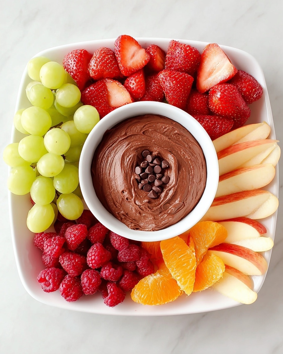 A white square plate sits on a white marbled surface, filled with a colorful fruit and chocolate dip arrangement. In the center of the plate is a round white bowl filled with smooth chocolate dip, swirled on top and sprinkled with small chocolate chips. Surrounding the bowl are five sections of fruit arranged in neat rows: green grapes on the top left, halved bright red strawberries on the top right, thin red and light yellow apple slices on the middle right, peeled orange segments on the bottom right, and red raspberries on the bottom left. The fruits have fresh, bright colors and create a vibrant contrast with the dark brown chocolate dip. photo taken with an iphone --ar 4:5 --v 7
