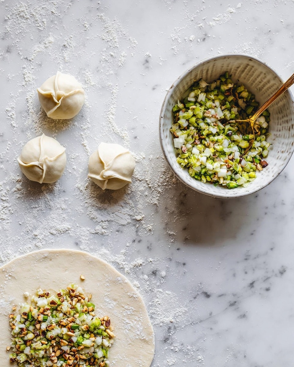 The image shows a food preparation scene on a white marbled surface. On the right, there is a white bowl with a gold spoon resting inside it, filled with a mixture of chopped green vegetables and white pieces, with some small brown nut bits sprinkled in. To the lower right, an open round dough base has the same vegetable mixture placed in the center, ready for folding. Towards the left, there are four small folded dough parcels with their tops pinched closed, and one small smooth dough ball, all dusted slightly with flour. The textures highlight soft dough, crunchy nuts, and fresh vegetables. Photo taken with an iphone --ar 4:5 --v 7