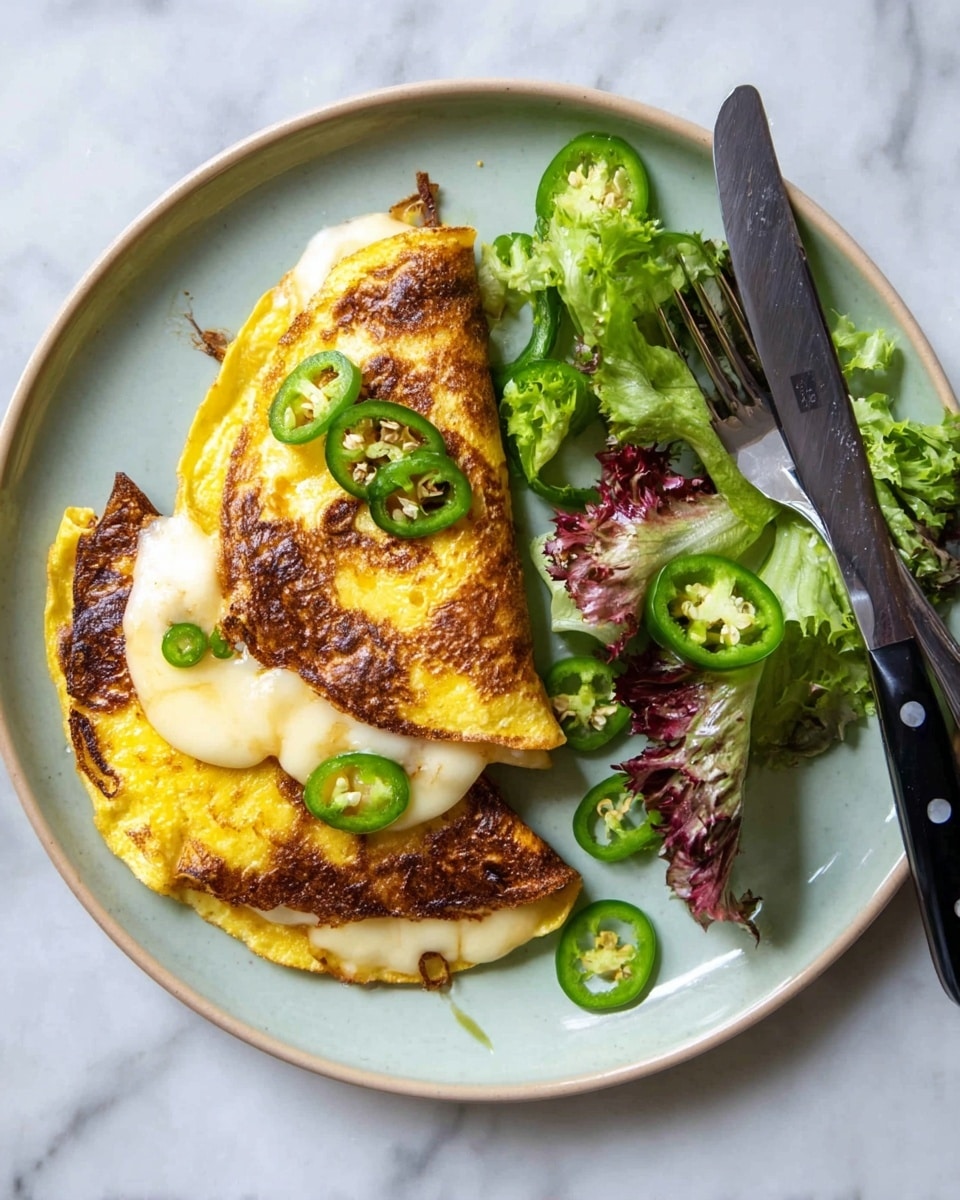 A white plate holds two folded yellow pancakes with a browned, slightly crispy texture on top. Inside each pancake is melted white cheese with a smooth and creamy texture, and thin slices of green jalapeño peppers. Next to the pancakes are fresh leafy green and reddish lettuce with a slightly ruffled edge, as well as scattered slices of jalapeño peppers. A fork and a knife with black handles rest beside the plate on a white marbled surface. photo taken with an iphone --ar 4:5 --v 7