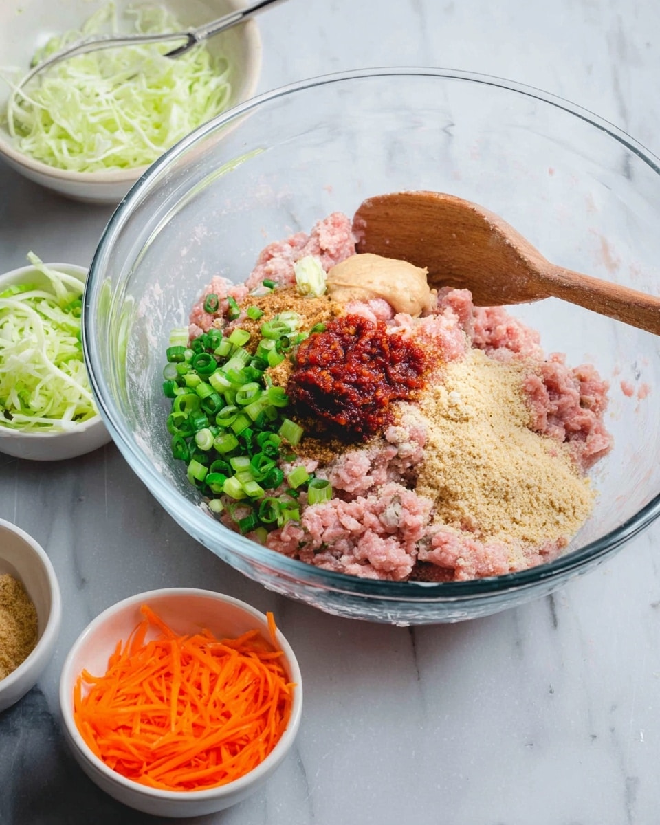 A clear glass bowl sits on a white marbled surface, filled with several layers of ingredients for mixing. At the bottom is a soft, pale pink layer of ground meat, topped with a small mound of red paste, a dollop of light brown paste, and some green chopped spring onions scattered around. There is also a light beige crumbly layer, likely breadcrumbs, included in the mix. A wooden spoon is partially submerged on the right side of the bowl, stirring the ingredients. Nearby, small white bowls hold bright orange shredded carrots and light green shredded cabbage, all on the white marbled surface. Photo taken with an iphone --ar 4:5 --v 7