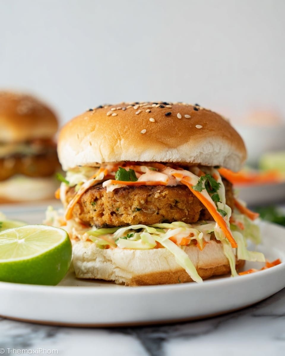 The image shows a sandwich on a white plate with a white marbled surface underneath. The sandwich has three main layers: the bottom layer is a soft white bun, topped with a mix of thinly sliced green cabbage and orange carrots with a creamy light-colored sauce. Above this is a thick, textured patty that appears brown with small green herbs inside. The top layer is a sesame seed-covered soft bun. There is a lime half to the left on the plate, and a blurred second sandwich is visible in the background. The photo looks clear and bright, taken with an iphone --ar 4:5 --v 7