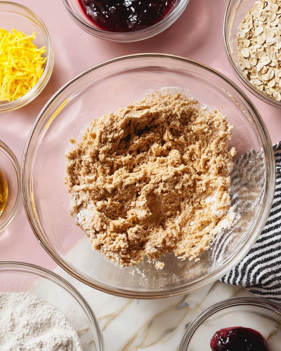 The image shows a clear glass bowl filled with a light brown, fluffy mixture with a textured, creamy look from mixing. Around the bowl, there are smaller clear glass bowls containing different ingredients: one with bright yellow lemon zest, one with oats, one with a dark berry jam, one with white flour, and one with white cream. The bowls are set on a pink surface with a white marbled texture nearby, and a black and white striped cloth is partially visible under some bowls. Photo taken with an iphone --ar 4:5 --v 7