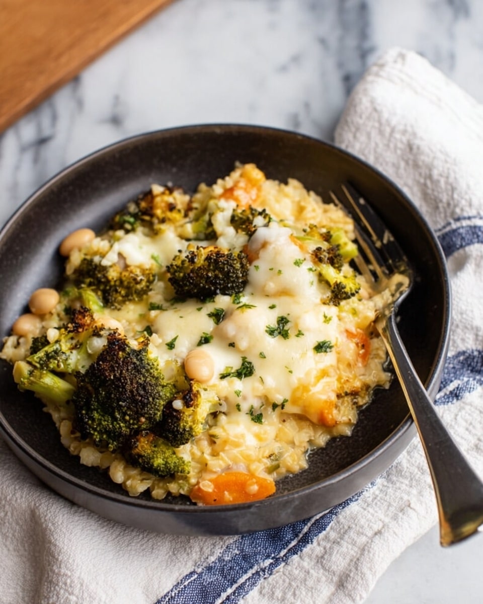 A dark bowl filled with a layered dish showing a mix of creamy, yellowish cooked grains at the bottom, topped with bright green and slightly charred broccoli pieces, small white beans, and small orange carrot chunks. On top, melted white cheese covers some parts with melted spots and slight browning. Green herbs are sprinkled on the cheese, adding small green dots. A silver fork lies inside the bowl on the right side, and the bowl is set on a white marbled surface with a white and blue-striped cloth nearby. Photo taken with an iphone --ar 4:5 --v 7