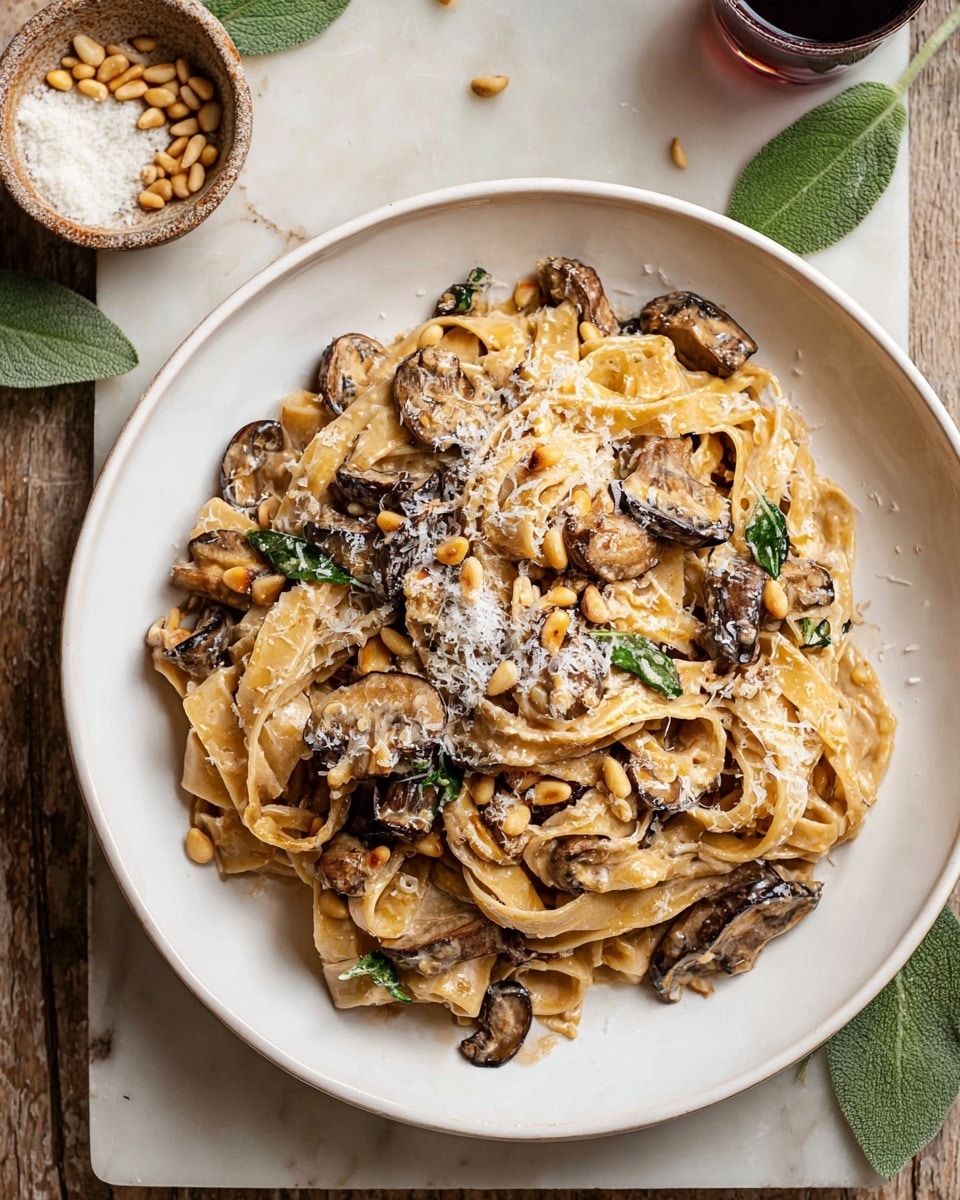 Caramelized Leek and Mushroom Gruyère Pasta Recipe 6 A white plate holds a round pile of light brown creamy pasta with wide noodles, mixed with dark brown grilled mushroom slices scattered evenly through the pasta. Small tan pine nuts are sprinkled over the pasta, and a fine layer of grated white cheese dusts the top. The plate sits on a white marbled surface with green leaves and a small bowl of more pine nuts nearby. Photo taken with an iphone --ar 4:5 --v 7