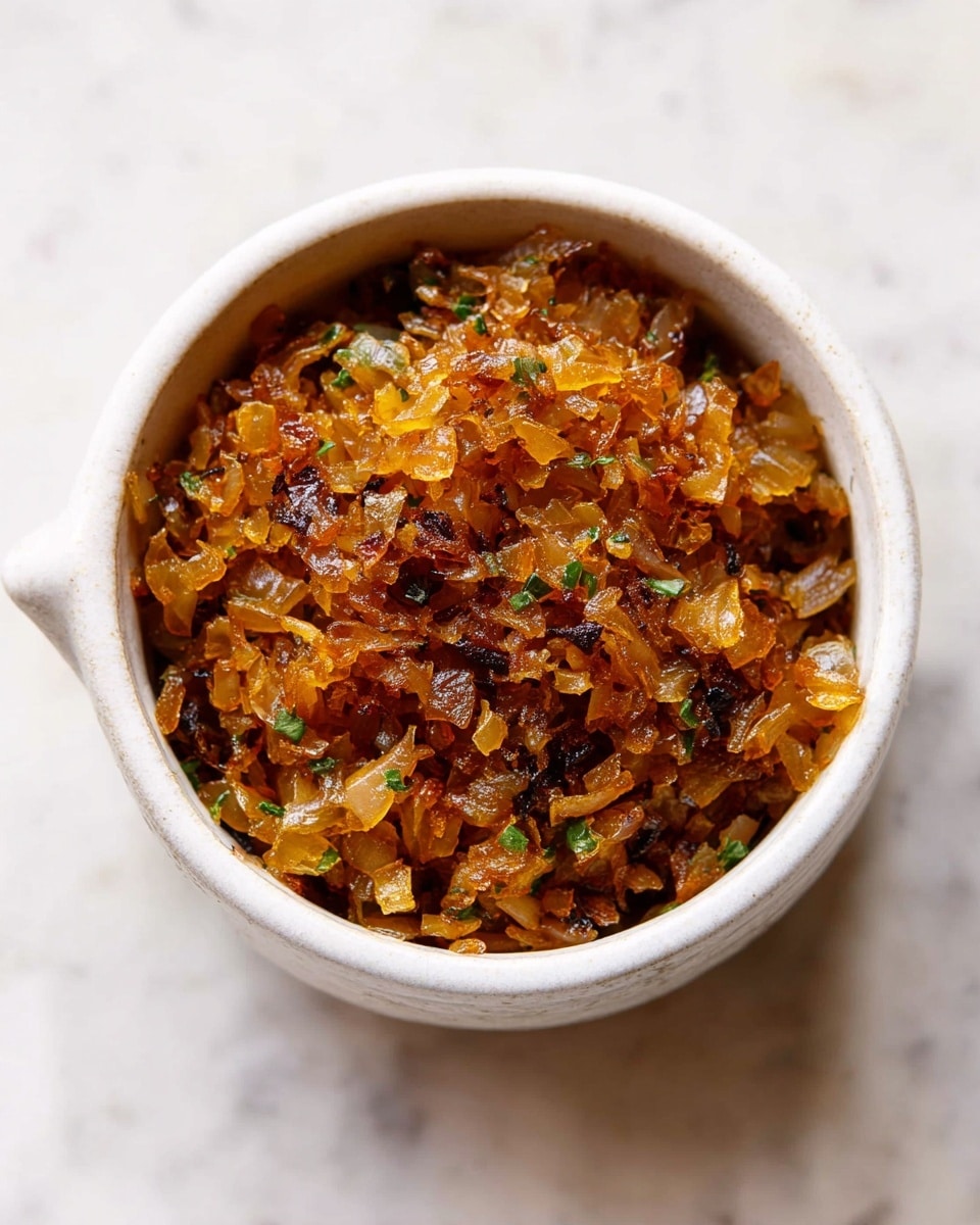 The image shows a small white ceramic bowl filled with a single layer of finely chopped caramelized onions, browned and glistening with oil. The onions are golden to dark amber in color, with small bits of green herbs mixed evenly throughout. The bowl sits on a white marbled surface, and the rich texture of the cooked onions contrasts with the smoothness of the bowl. Photo taken with an iphone --ar 4:5 --v 7