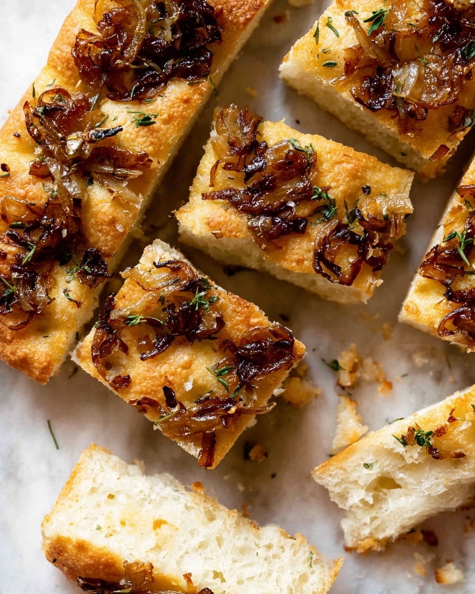 The image shows a close-up of several thick rectangular slices of soft focaccia bread arranged on a white marbled surface. Each slice has a golden-brown crust with a rough texture and is topped with caramelized onions and small sprigs of fresh herbs, giving the top a rich brown and dark green color mix. The bread’s inside looks light, airy, and soft with small air holes visible. Some crumbs and small bits of onion are scattered around the bread pieces, adding a slight rustic feel. The photo taken with an iphone --ar 4:5 --v 7
