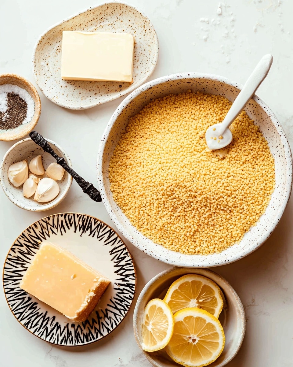 A white bowl with black speckles holds small round yellow couscous, with a white spoon resting inside on the right. Near the top, a white speckled dish contains a rectangular block of pale yellow butter. To the top left, a small black spoon holds coarse salt. Below it, a small white bowl with a yellow rim contains two garlic cloves. To the bottom left, a white speckled plate holding a chunk of light orange cheese with a wedge missing, and next to it, a small black and white zigzag patterned plate with two lemon halves, showing juicy, textured yellow flesh. The surface is a white marbled texture. Photo taken with an iphone --ar 4:5 --v 7