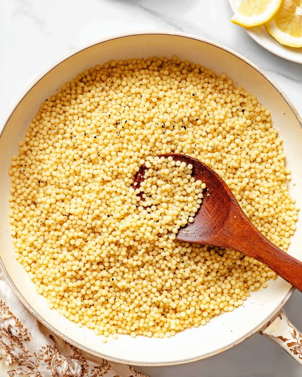 The image shows a single layer of small, round couscous pearls, cooked and spread evenly in a large white pan. The couscous is a light golden color with a soft, slightly shiny texture. Black pepper is sprinkled lightly across the top, adding small dark specks throughout the couscous. A wooden spoon with rich brown tones is scooping up some couscous from the center right of the pan. The pan sits on a white marbled surface, and in the top right corner, part of a white plate with lemon slices is visible. Photo taken with an iphone --ar 4:5 --v 7