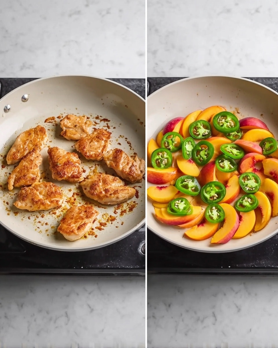 The image shows two white pans on a stove with a white marbled surface beneath. The left pan has five pieces of cooked chicken with a golden-brown color and a slightly crispy texture, spread evenly and spaced apart. The right pan contains round slices of green jalapeño peppers spread out in a circle, with bright orange and red peach slices layered in the center, showing smooth and juicy textures. The pans have a light coating of oil and small brown bits, likely from cooking. photo taken with an iphone --ar 4:5 --v 7