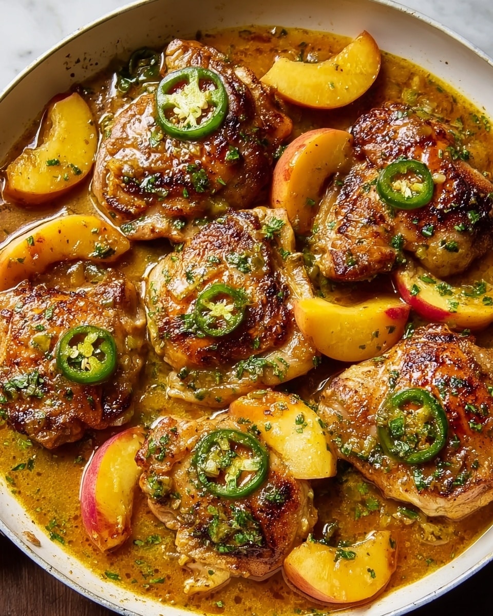 A white pan filled with five browned chicken thighs that have a slightly crispy texture on the top, each topped with thin green jalapeño slices and a sprinkle of chopped green herbs. Between and around each piece of chicken, there are bright yellow and red peach slices that add vibrant color, all sitting in a glossy golden-brown sauce that looks thick and rich. The edges of the pan show a bit of the sauce pooling, and the overall scene is warm and inviting, set against a white marbled surface photo taken with an iphone --ar 4:5 --v 7