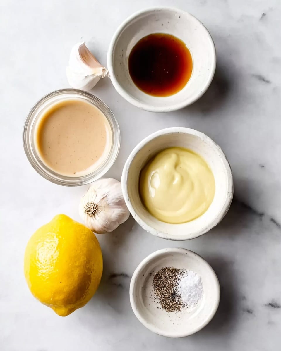 A top view of five small white bowls and a whole garlic bulb arranged on a white marbled surface. The bowls hold different ingredients: one with dark brown liquid, one with clear water, one with tan creamy sauce, another with light yellow creamy sauce, and the last with coarse salt and black pepper. A whole lemon is placed near the center, alongside the garlic. The colors and textures contrast well with the white marbled background, giving a clean and fresh look. Photo taken with an iphone --ar 4:5 --v 7