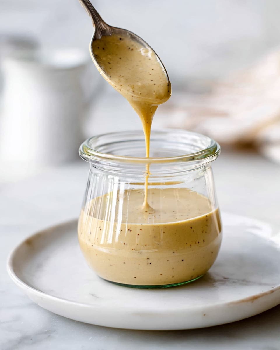 A small clear glass jar sits on a white plate, which rests on a white marbled surface; the jar is filled about halfway with a smooth, creamy beige sauce that has tiny black specks, and a spoon above the jar is dripping some of the sauce back into it with a slow, thick stream, creating a shiny texture on the sauce; the background is softly blurred with hints of light neutral tones. photo taken with an iphone --ar 4:5 --v 7