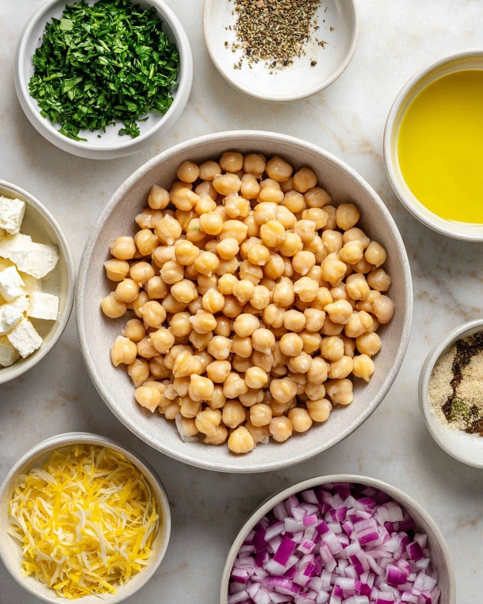 A top-down view shows a large white bowl filled with light beige chickpeas, smooth and round, placed at the center of a white marbled surface. Surrounding the bowl are six smaller white bowls arranged in a loose circle: one with bright green chopped parsley, one filled with golden olive oil, another with small white cheese cubes, one containing chopped red onions with a mix of purple and white pieces, a bowl with bright yellow lemon zest and black pepper mixed in with salt, and the last with a light yellow liquid, possibly more oil or a dressing. The arrangement is neat and the colors contrast well against the white bowls and white marbled background. photo taken with an iphone --ar 4:5 --v 7