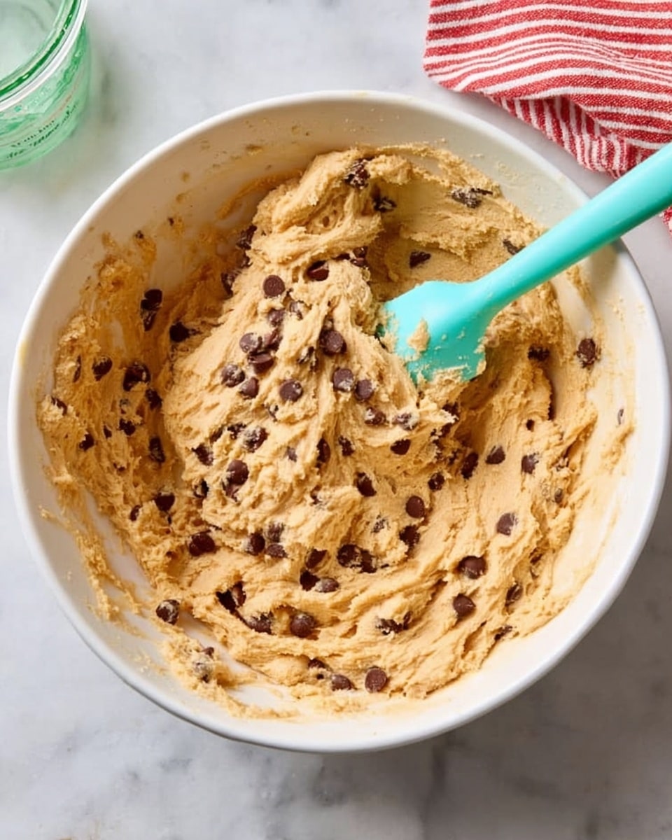 A white bowl sits on a white marbled surface filled with a thick, creamy light brown dough mixed with small dark chocolate chips scattered evenly throughout. A light blue silicone spatula rests inside the bowl, partially covered with the dough, as if someone was stirring it. To the top left is a glass container with a green lid, and a red and white striped cloth lies near the top right corner. photo taken with an iphone --ar 4:5 --v 7