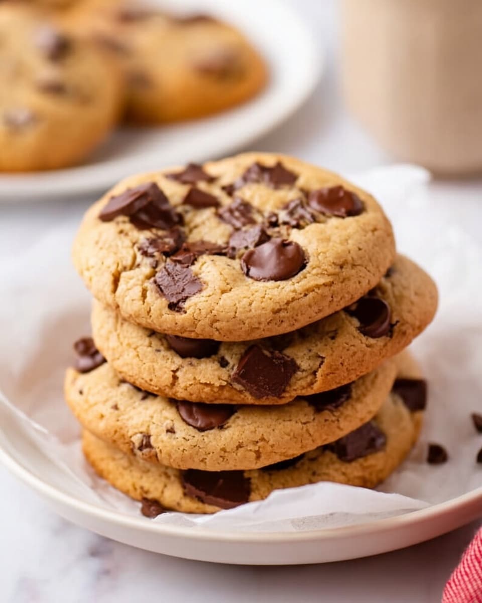 A close-up of five golden brown chocolate chip cookies stacked in a slightly overlapping way on white parchment paper inside a round white plate. Each cookie is thick with a soft texture, filled with dark chocolate chips and chunks of different sizes spread across their tops, with some chips melting slightly. The plate sits on a white marbled surface, creating a clean and bright look. The background is softly blurred, showing hints of another white plate with more cookies and a faint view of a light beige cup. photo taken with an iphone --ar 4:5 --v 7