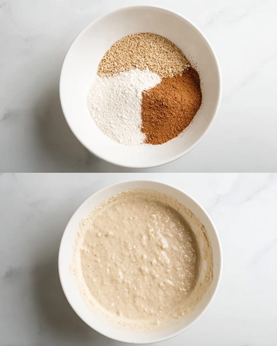 The image shows two white bowls on a white marbled surface. The first bowl contains four separate dry ingredients layered side by side: light brown granules, off-white powder, white powder, and a small pile of cinnamon powder on top. The second bowl has a beige, thick batter spread evenly inside with a smooth texture and some small lumps. Both bowls are plain and clean. Photo taken with an iphone --ar 4:5 --v 7