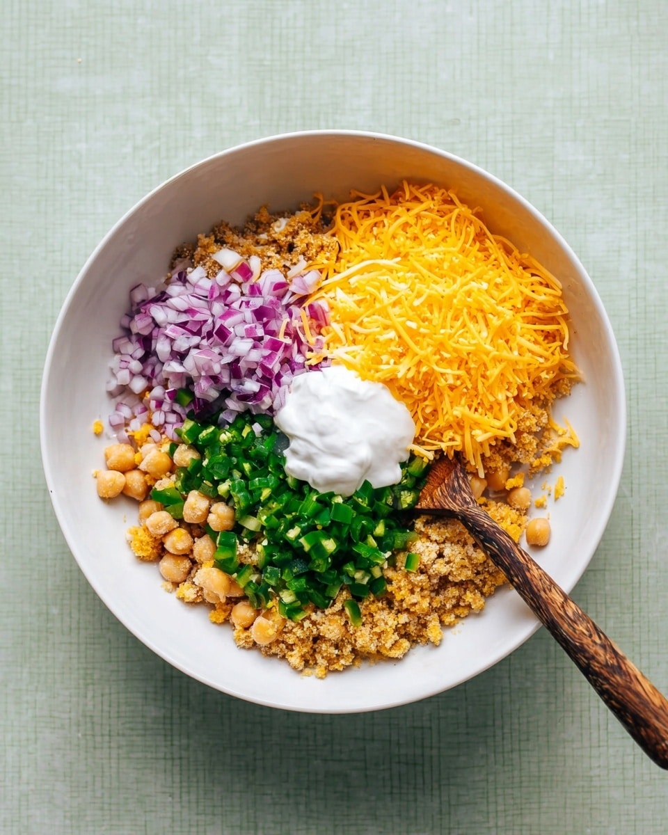 Inside a large white bowl on a white marbled surface, there are four main layers arranged separately. The bottom layer is crumbled light tan chickpeas covering most of the bowl's base. On the left side, finely chopped purple-red onions form a small mound. Below them, diced dark green jalapeños sit in another pile. To the right of the jalapeños is a layer of shredded bright orange cheddar cheese. At the center near the cheddar, a dollop of smooth white sour cream rests on top of the chickpeas. A wooden spoon with a darkened handle is placed inside the bowl, pointing towards the sour cream. photo taken with an iphone --ar 4:5 --v 7