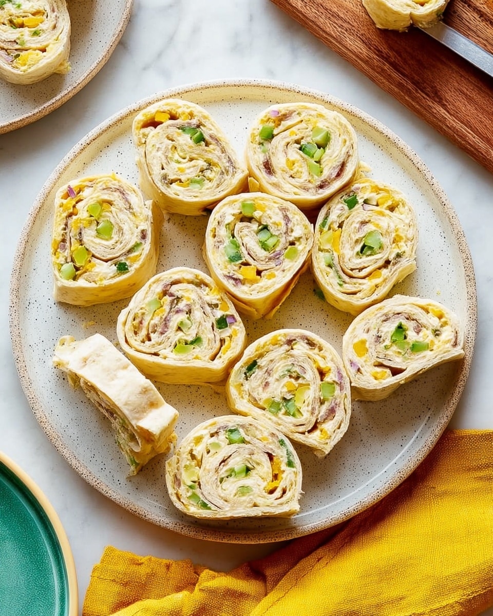 A white speckled plate holds ten slices of rolled tortilla wraps, each layer showing soft, pale yellow tortilla with swirls of creamy filling dotted with small green and yellow bits, likely chopped vegetables. The rolls are arranged in a circular pattern with two half slices on the side where a knife rests, suggesting they were recently sliced. The tortilla texture looks tender and slightly flaky on the outside. The plate is set on a white marbled surface, with a yellow cloth nearby and a wooden cutting board partially visible at the top. Photo taken with an iphone --ar 4:5 --v 7