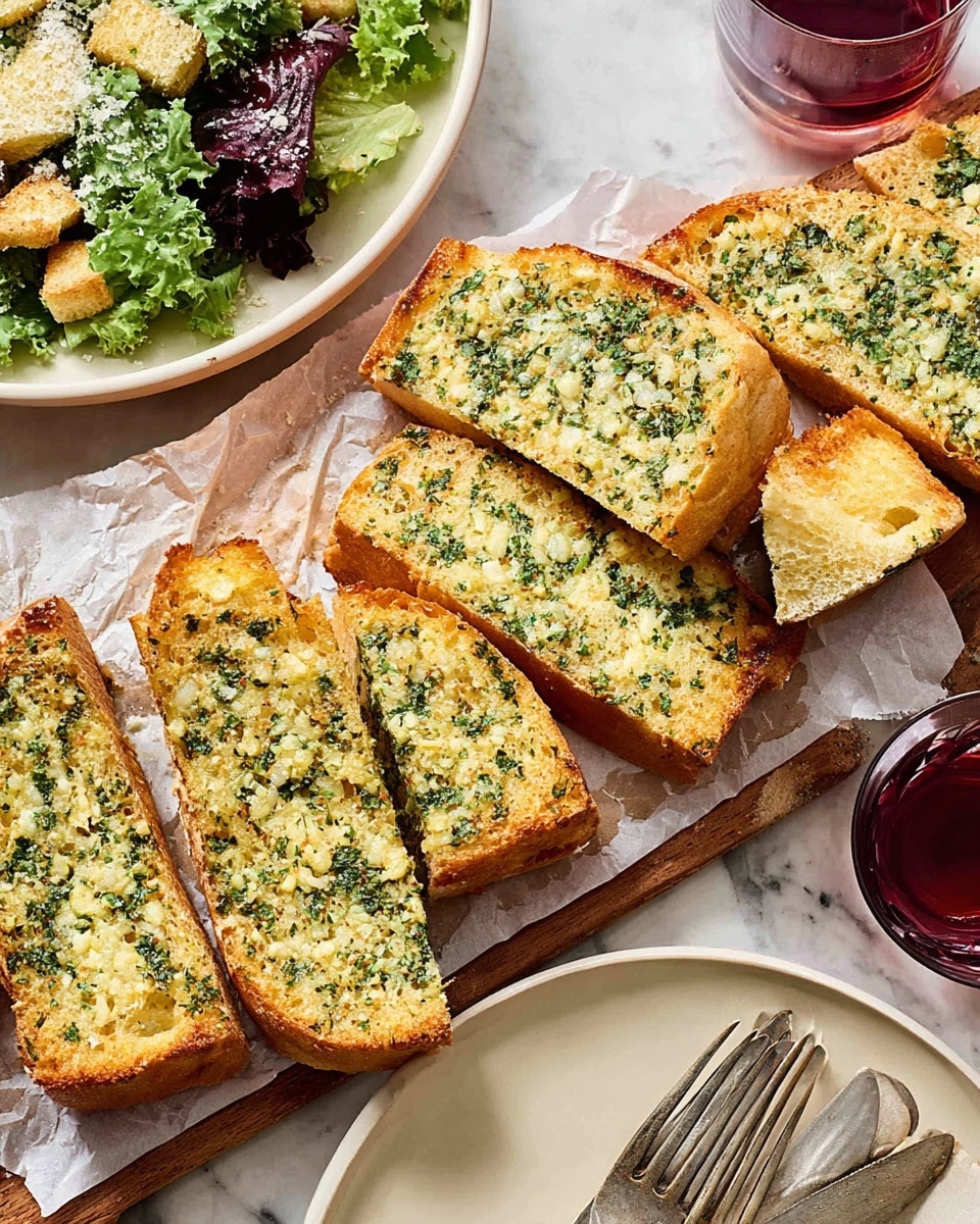 The image shows several slices of garlic bread arranged on white parchment paper over a wooden board. Each slice is thick with a crunchy golden brown crust and topped with a rich layer of garlic, herbs, and melted butter mixed with finely chopped green parsley spread evenly across the top. The bread inside looks soft and light-colored. To the side, there is a white plate with a green leafy Caesar salad, croutons, and grated cheese, with a silver fork resting on it. In the foreground, there is another white plate with two forks stacked, and a glass of red drink is visible near the plate. The background surface is white marbled texture. Photo taken with an iphone --ar 4:5 --v 7