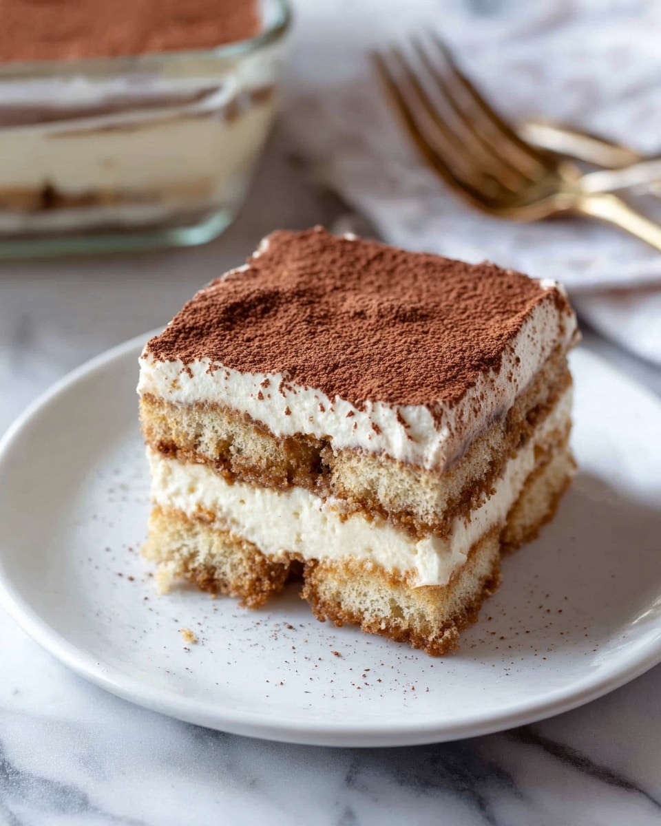 A square piece of layered dessert is placed on a white plate, showing three thick layers of creamy white filling alternating with two layers of light brown sponge soaked in coffee or similar liquid, topped with a dusting of fine cocoa powder that covers the entire surface evenly; the dessert has soft, fluffy textures with visible crumbs on the sponge layers and smooth cream layers, with a glass dish of more dessert blurred in the background and a fork set nearby on a white marbled surface. photo taken with an iphone --ar 4:5 --v 7