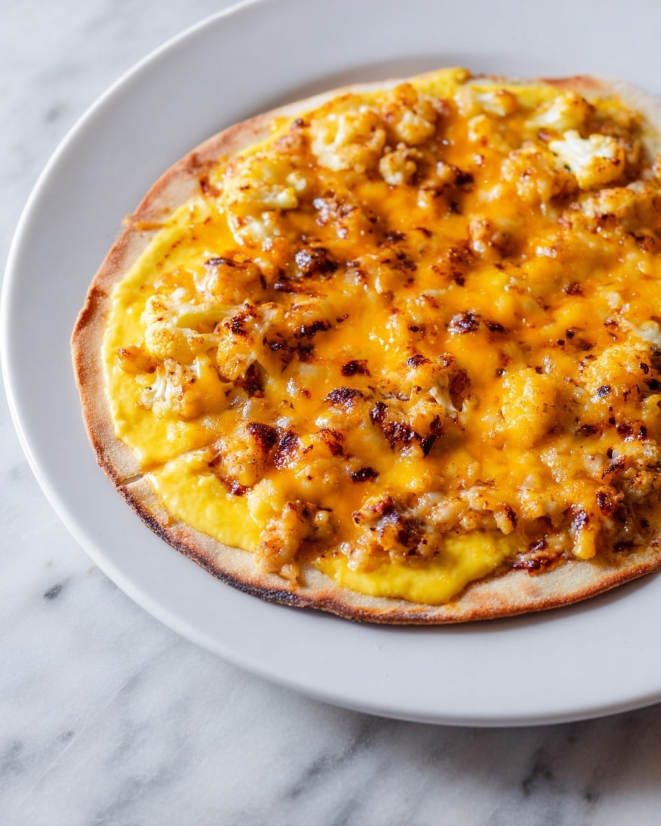 The dish is a small round pizza placed on a white plate with a thin crust that is light brown around the edge. The pizza has three main layers: the base layer is a smooth, bright yellow spread, likely cheese or sauce; the middle layer consists of small, slightly browned pieces of cooked cauliflower that add texture; the top layer is melted cheddar cheese, golden orange with slightly darker browned spots where it bubbled and cooked. The pizza is sliced, showing a close-up view with part of one slice slightly separated. The background is a white marbled surface. Photo taken with an iphone --ar 4:5 --v 7