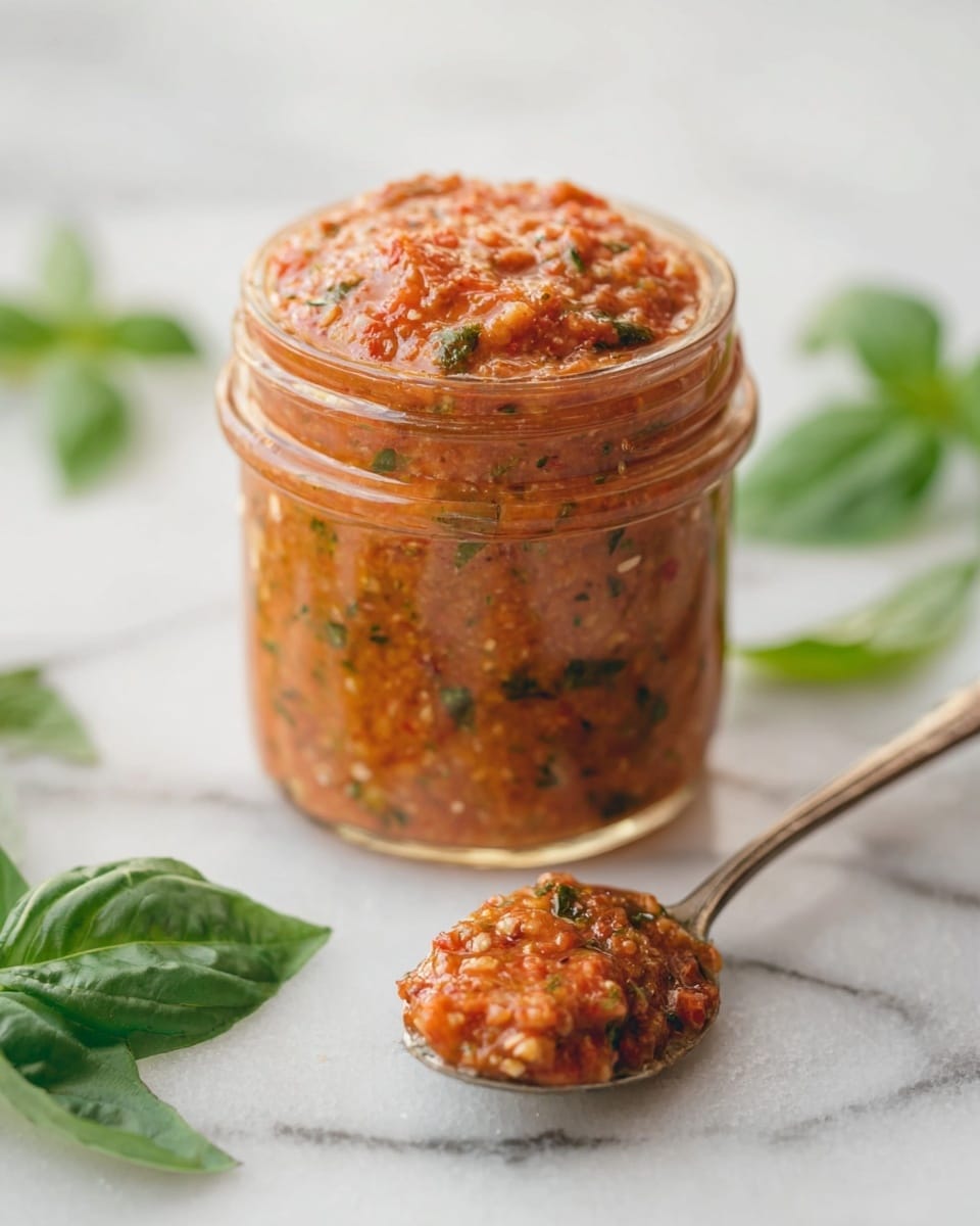 A clear glass jar is filled to the top and slightly overflowing with a chunky, reddish-orange sauce mixed with small green herb bits, showing a textured and thick consistency. In front of the jar, a small amount of the sauce rests on a spoon with a slightly worn metallic handle. Around the jar and spoon, fresh green basil leaves lie scattered on a white marbled surface, adding a fresh contrast. The photo is bright and clean, focusing tightly on the sauce and jar, with soft natural lighting. Photo taken with an iphone --ar 4:5 --v 7