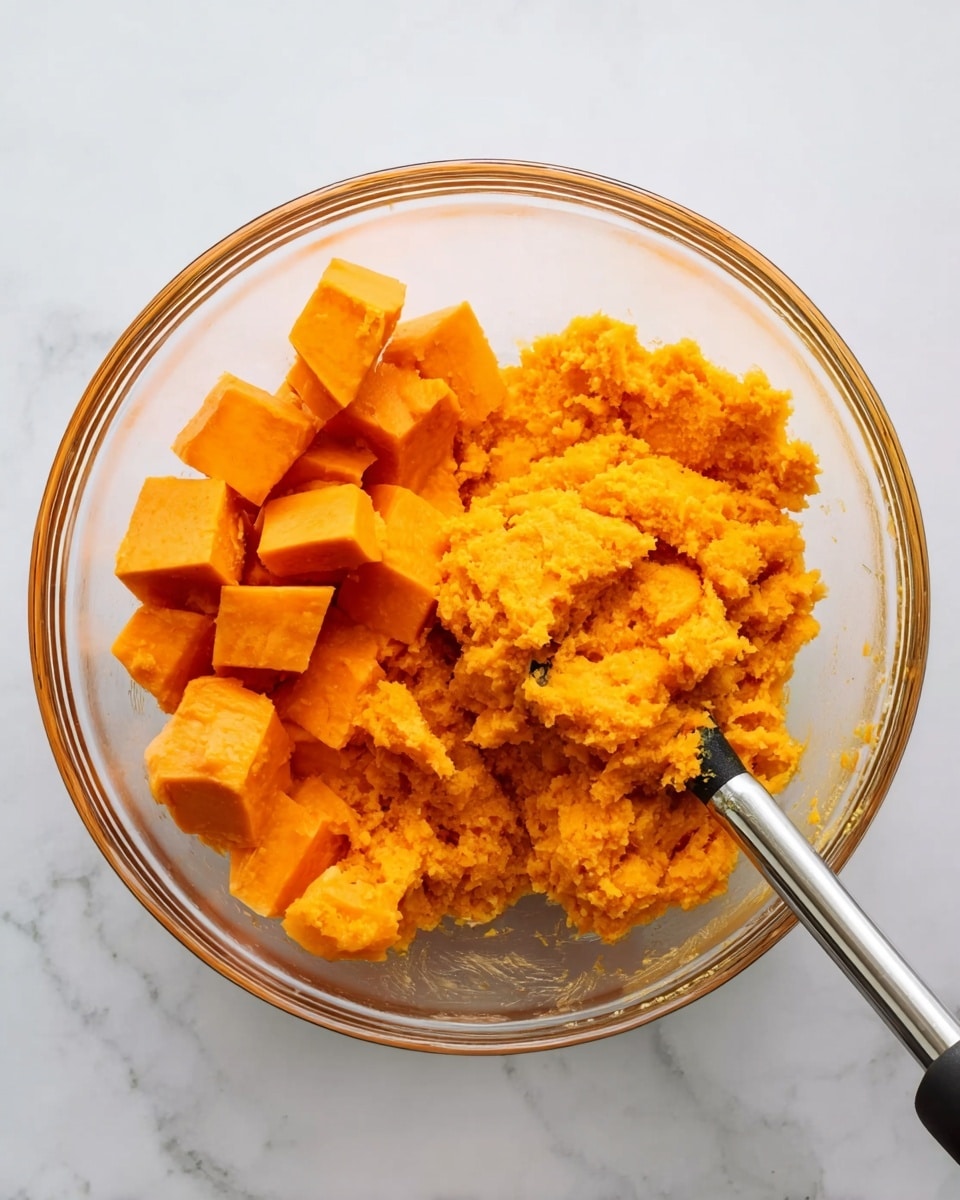 A clear glass bowl is placed on a white marbled surface. Inside the bowl, there are chunks of bright orange cooked sweet potatoes arranged around one side. The rest of the bowl contains mostly mashed sweet potatoes of the same bright orange color, with a textured, slightly soft appearance. A metal potato masher with a black handle rests inside the bowl, partially covered by the mashed sweet potatoes. The scene is well lit and shows the contrast between the whole chunks and mashed sweet potato pieces clearly photo taken with an iphone --ar 4:5 --v 7